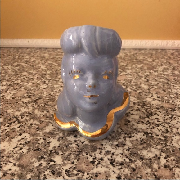 Vintage Other - Vase glamour girl head planter lady blue gold ceramic pastel Vintage 1950s